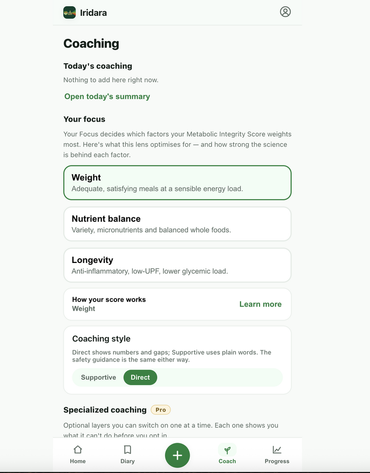 The Coaching tab with the day's guidance